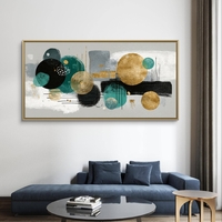 ציור קיר מודרני בגווני טורקיז, אפור וזהב מטאלי.