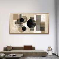 תמונת קנבס לרוחב בעיצוב גאומטרי מודרני בגווני קרם, בז׳ ושחור עם עיגולים וקווים מינימליסטיים לסלון.