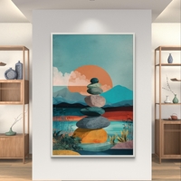 ציור נוף רגוע עם אבנים מאוזנות ושמש שקיעה