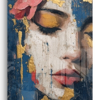 תמונת זכוכית עם דמות נשית בעיניים עצומות, טקסטורות זהב וגווני כחול בעיצוב אמנותי, רגוע ויוקרתי לקיר הבית