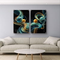 סט תמונות זכוכית זוגי בגווני תכלת וזהב עם גלים וכדורים זוהרים על רקע שחור – תכשיט לבית