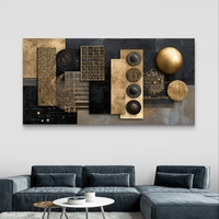 תמונת קנבס אבסטרקטית לרוחב בגווני שחור וזהב עם צורות גאומטריות וטקסטורות יוקרתיות
