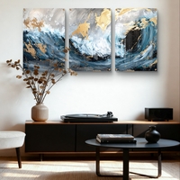 שלשת תמונות זכוכית גלים אבסטרקטיים בכחול, לבן וזהב – דגם GG5472