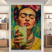 תמונת קנבס צבעונית בהשראת פרידה קאלו עם כוס משקה