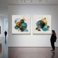 סט תמונות זכוכית מרובעות בגווני טורקיז וחרדל עם צורות גאומטריות — תכשיט לבית