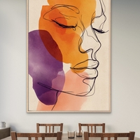 תמונת קנבס של דמות נשית בסגנון קווי עם כתמי צבע בגווני כתום וסגול – NEXTGEN BY BAR