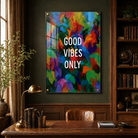 Good Vibes צבעוני – תמונת זכוכית אבסטרקטית עם מסר חיובי – דגם GT9434