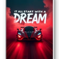 תמונת קנבס לאורך עם רכב אדום וכיתוב “It all start with a dream”, עיצוב מודרני ואיכותי מבית תכשיט לבית.