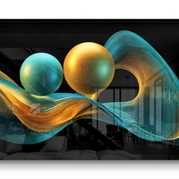 תמונת זכוכית לרוחב בעיצוב אבסטרקטי עם קווים גליים וכדורים בגווני טורקיז וזהב על רקע שחור, בהדפסה חלקה לעיצוב סלון מודרני ויוקרתי.