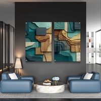 תמונת זכוכית זוגית בעיצוב אבסטרקטי עם שכבות גאומטריות בגווני ירוק, עץ וחומים, מודפסת בהדפסה חלקה ומודרנית