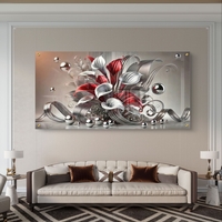 ליליות כרום ארגמן – תמונת זכוכית יוקרתית עם פרחים אדומים־לבנים ואלמנטים כסופים | PN2502