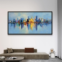 תמונת קנבס לרוחב עם קו רקיע עירוני צבעוני והשתקפות במים בעיצוב מודרני