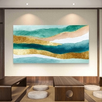 תמונת קנבס אבסטרקט טורקיז וזהב לרוחב – גלי אקוורל יוקרתיים | CJ6531