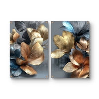 תמונת זכוכית זוגית עם פרחים אבסטרקטיים בגווני זהב, ברונזה וכחול עמוק, הדפסה חלקה ללא תבליט בעיצוב יוקרתי