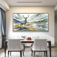 תמונת קנבס לרוחב עם אייל ופסוק כְּאַיָּל תַּעֲרֹג, בעיצוב רוחני בגווני תכלת וזהב, הדפסה חלקה מבית תכשיט לבית