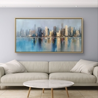 תמונת קנבס של קו רקיע מודרני המשתקף במים בגווני כחול וזהב, בהדפסה חלקה ללא תבליט.