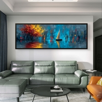 אמנות מודרנית לסלון עם השתקפות מים בגווני כחול ואדום.