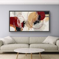 תמונת קנבס לרוחב בסגנון אבסטרקט עם מעגלים וקווים עדינים בגוונים חמים של אדום, בז’ וחרדל, לעיצוב סלון מודרני
