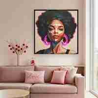 תמונת LED פורטרט אישה עם עגילי ניאון – הדפס משודרג עם מריחות צבע, מופעלת על סוללות עם שלט רחוק מידה 83*83 ס