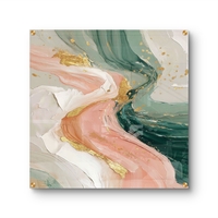 תמונת זכוכית אבסטרקטית מרובעת בגווני ירוק מרווה ורוד עם נגיעות זהב בעיצוב יוקרתי