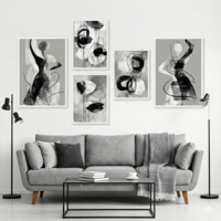 סט קנבס של חמש תמונות אבסטרקטיות בשחור ולבן עם קווים ודמויות בסגנון מודרני