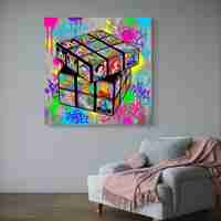 תמונת קנבס מרובעת צבעונית עם קובייה תלת־ממדית ודמויות פופ בסגנון גרפיטי, מסר של יצירתיות וחשיבה מחוץ לקופסה