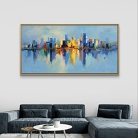 תמונת קנבס לרוחב עם קו רקיע עירוני צבעוני והשתקפות במים בעיצוב מודרני