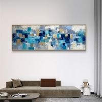 תמונת קנבס פנורמית מופשטת בגווני כחול וטורקיז עם נגיעות זהב – תכשיט לבית