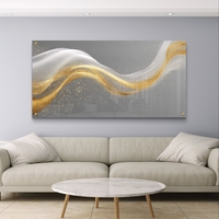 תמונת זכוכית לרוחב עם גל אבסטרקטי בגווני אפור וזהב בעיצוב יוקרתי