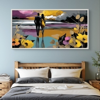 קנבס רומנטי בגווני זהב, סגול וטורקיז עם פרחים בקדמת התמונה