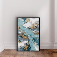 תמונת קנבס אבסטרקטית בגווני תכלת, כחול ולבן עם נגיעות זהב בעיצוב יוקרתי ואלגנטי לבית