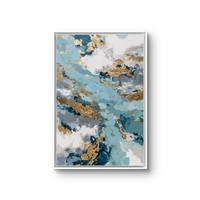 תמונת קנבס אבסטרקטית בגווני תכלת, כחול ולבן עם נגיעות זהב בעיצוב יוקרתי ואלגנטי לבית