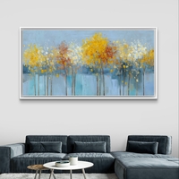 תמונת קנבס של עצים עדינים בגווני תכלת, צהוב ולבן על רקע בהיר