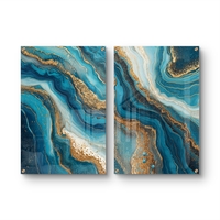 תמונת זכוכית זוגית בעיצוב אבסטרקט בגווני טורקיז, כחול וזהב עם זרימה טבעית