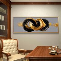 קשר אינסוף – תמונת קנבס פנורמית עם טבעות מכחול בשחור וזהב על רקע אפור | CT4673