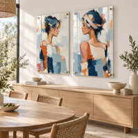 זוג תמונות זכוכית נשים אלגנטיות באמנות מודרנית בגווני כחול וכתום | דגם TG8711