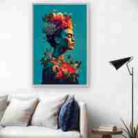 תמונת קנבס של פרידה קאלו בפרופיל אומנותי עם פרחים צבעוניים על רקע כחול, מתוך קולקציית NEXTGEN BY BAR מבית תכשיט לבית.