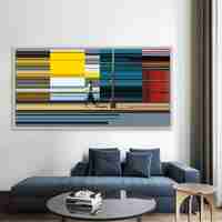 תמונת קנבס מודרנית עם דמות צועדת על רקע קווים צבעוניים מופשטים בגווני צהוב, אדום וטורקיז – NEXTGEN BY BAR