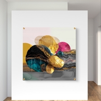 תמונת זכוכית מרובעת עם כדורים אבסטרקטיים בצבעי זהב, טורקיז, ורוד וצהוב בהדפסה חלקה וללא תבליט