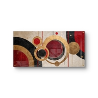 תמונת זכוכית לרוחב בעיצוב גאומטרי עם מעגלים בגווני זהב, אדום ושחור – תכשיט לבית