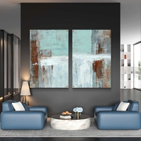 סט תמונות זכוכית זוגי בגווני טורקיז, לבן וחלודה בעיצוב אבסטרקטי – תכשיט לבית