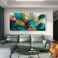 תמונת זכוכית לרוחב עם עלי זהב ורקע טורקיז אבסטרקטי – תכשיט לבית