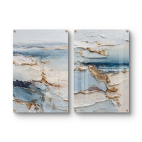 תמונת זכוכית זוגית אבסטרקטית בגווני שמנת, תכלת וכחול עם נגיעות זהב, הדפסה חלקה ללא תבליט