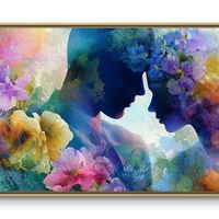 תמונת קנבס לרוחב של זוג בפרופיל מוקף פרחים צבעוניים.