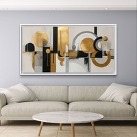 תמונת קנבס גאומטרית לרוחב בגווני שחור, לבן וזהב עם צורות מעוגלות וקווים מודרניים