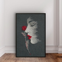 ציור מינימליסטי של פנים נשיות ופרח אדום