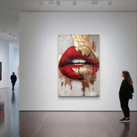 תמונת זכוכית עם שפתיים אדומות ונגיעות זהב בעיצוב מודרני, נועז ויוקרתי לקיר הבית