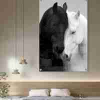 תמונת זכוכית של שני סוסים, אחד שחור ואחד לבן, מבטאים איזון והרמוניה בעיצוב יוקרתי מבית תכשיט לבית – NEXTGEN BY BAR.