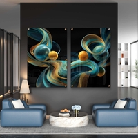 סט תמונות זכוכית זוגי בגווני תכלת וזהב עם גלים וכדורים זוהרים על רקע שחור – תכשיט לבית