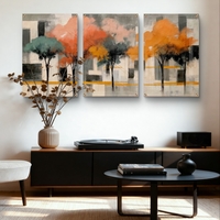 שלשת תמונות זכוכית עצים אבסטרקטיים בגווני כתום, אפרסק וטורקיז – דגם GG5473